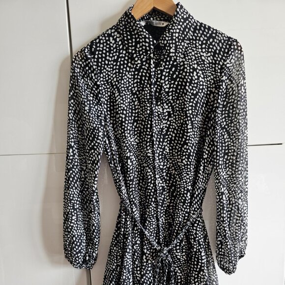 Zara Printed Mini Shirt Dress S Black White Polka Dot Flared Skirt - Picture 8 of 16